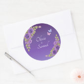 Bruid & Bruidegom Namen Paarse Mauve Bloemen & Wit Ronde Sticker (Envelop)