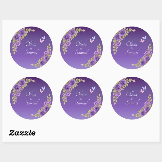 Bruid & Bruidegom Namen Paarse Mauve Bloemen & Wit Ronde Sticker (Vel)