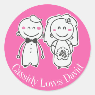 Bruid & Bruidegom Persoonlijke Roze & Witte Huweli Ronde Sticker