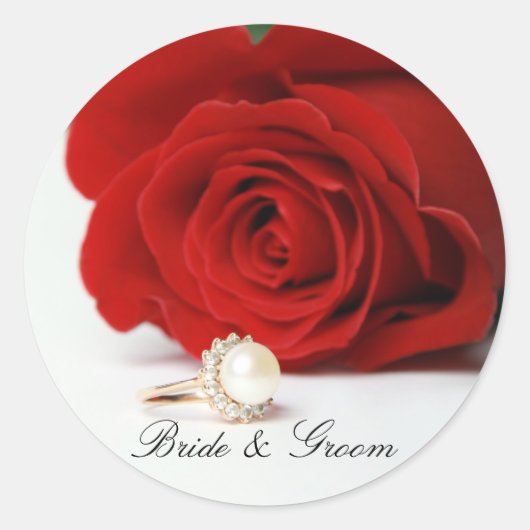 Bruid & bruidegom Ronde Stickers met rode Rose (Voorkant)