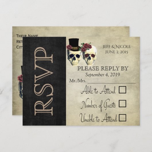 Bruid & bruidegom schedel Blauwgroen Roos bruiloft Uitnodiging Briefkaart (Voorkant / Achterkant)