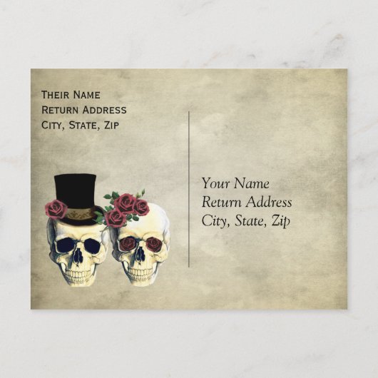 Bruid & bruidegom schedel Blauwgroen Roos bruiloft Uitnodiging Briefkaart (Achterkant)