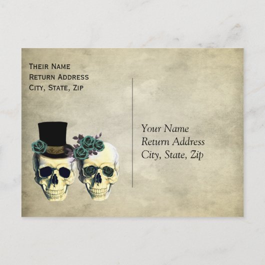 Bruid & bruidegom schedel Blauwgroen rustieke brui Uitnodiging Briefkaart (Achterkant)
