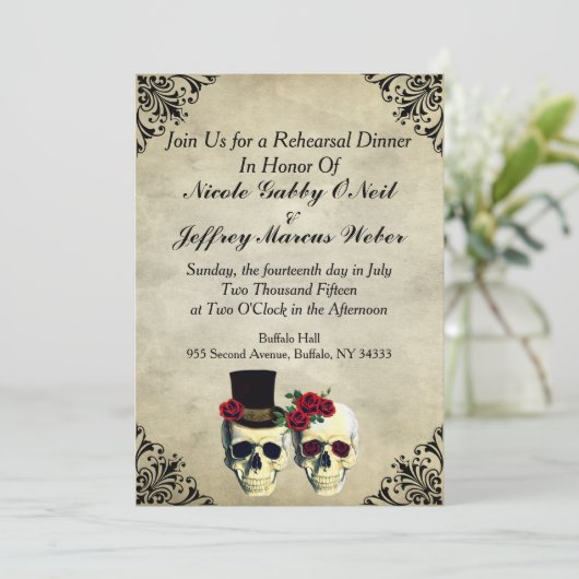 bruid & bruidegom schedel bruiloft repetitie uitno kaart (Staand voorkant)