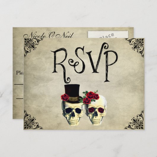 bruid & bruidegom schedel bruiloft RSVP Kaart (Voorkant / Achterkant)
