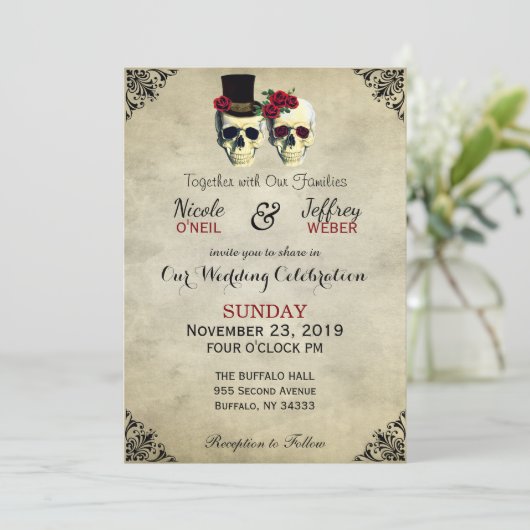 bruid & bruidegom schedel Gothic rustieke bruiloft Kaart (Staand voorkant)