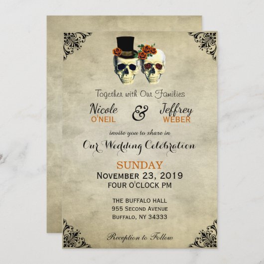 bruid & bruidegom schedel Gothic rustieke bruiloft Kaart (Voorkant / Achterkant)