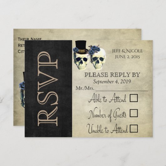 bruid & bruidegom schedel Gothic rustieke bruiloft Uitnodiging Briefkaart (Voorkant / Achterkant)