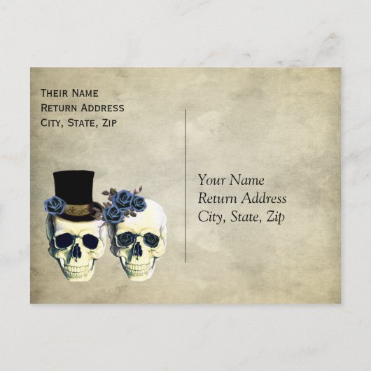 bruid & bruidegom schedel Gothic rustieke bruiloft Uitnodiging Briefkaart (Achterkant)
