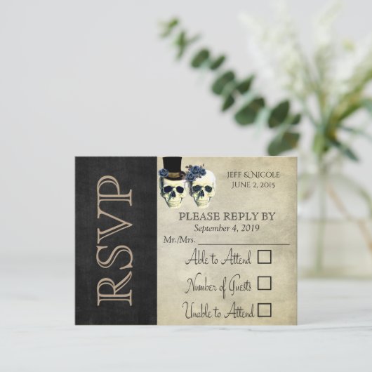 bruid & bruidegom schedel Gothic rustieke bruiloft Uitnodiging Briefkaart (Staand voorkant)