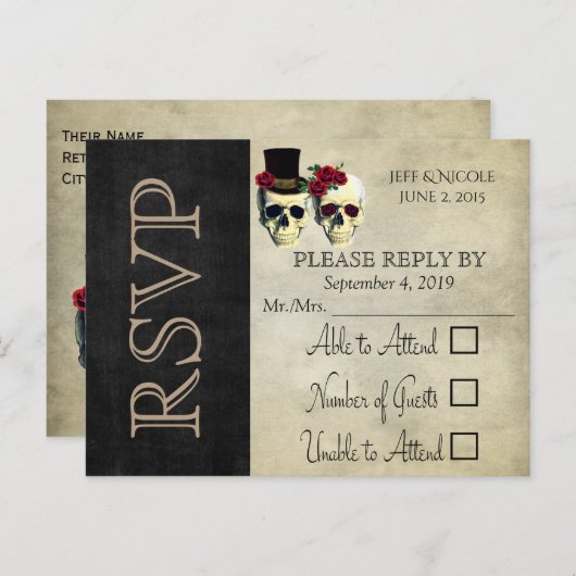 bruid & bruidegom schedel Gothic rustieke bruiloft Uitnodiging Briefkaart (Voorkant / Achterkant)