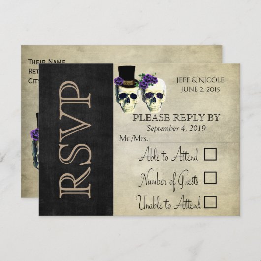 Bruid & bruidegom schedel lavendel rustieke bruilo uitnodiging briefkaart (Voorkant / Achterkant)