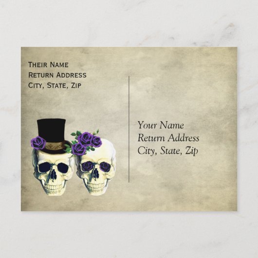 Bruid & bruidegom schedel lavendel rustieke bruilo uitnodiging briefkaart (Achterkant)