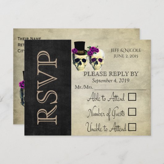 Bruid & bruidegom schedel Paarse rustieke bruiloft Uitnodiging Briefkaart (Voorkant / Achterkant)
