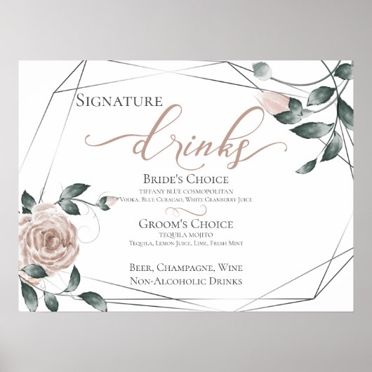 Bruid Bruidegom Signature Drinks Bar Menu Roze Poster (Voorkant)
