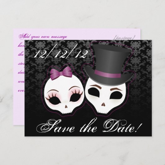 Bruid & Bruidegom Skullies (Violet) Bewaar de datu Aankondigingskaart (Voorkant / Achterkant)