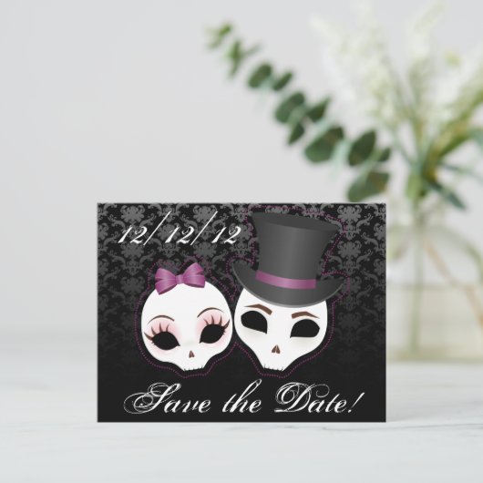 Bruid & Bruidegom Skullies (Violet) Bewaar de datu Aankondigingskaart (Staand voorkant)