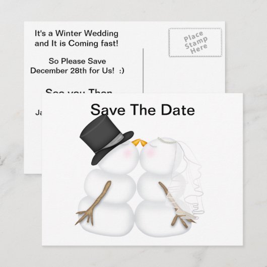 Bruid & Bruidegom Sneeuwman Aankondigingskaart (Voorkant / Achterkant)