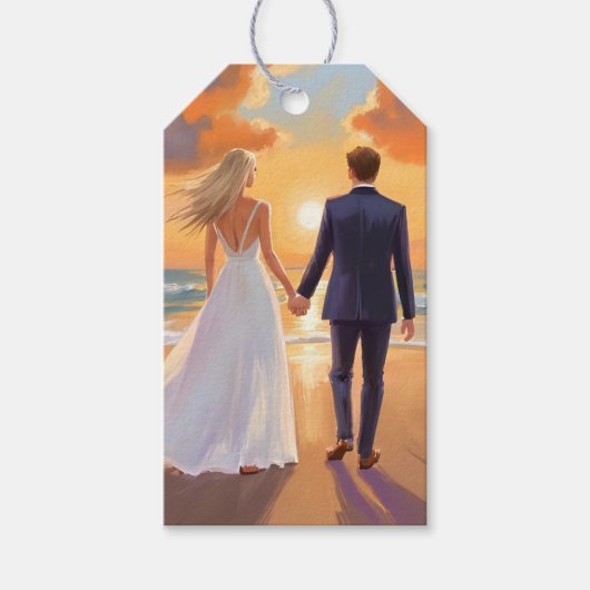 Bruid & Bruidegom Strand Bruiloft Aquarel Cadeaulabel (Voorkant)