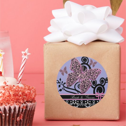 Bruid & bruidegom vlinders wervelt roze zwart & wi ronde sticker (Feest)