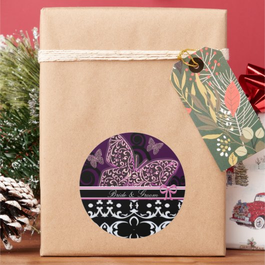 Bruid & bruidegom vlinders wervelt roze zwart & wi ronde sticker (Feestdagen)