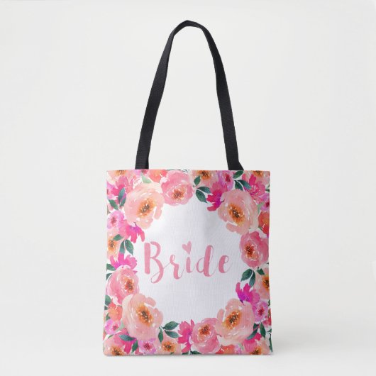 Bruid Chic Script Roze Waterverf Bloem Tote Bag (Voorkant)