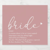 Bruid Definitie Bruidsfeest Roze Script Sparkling Wijnetiket (Enkel label)