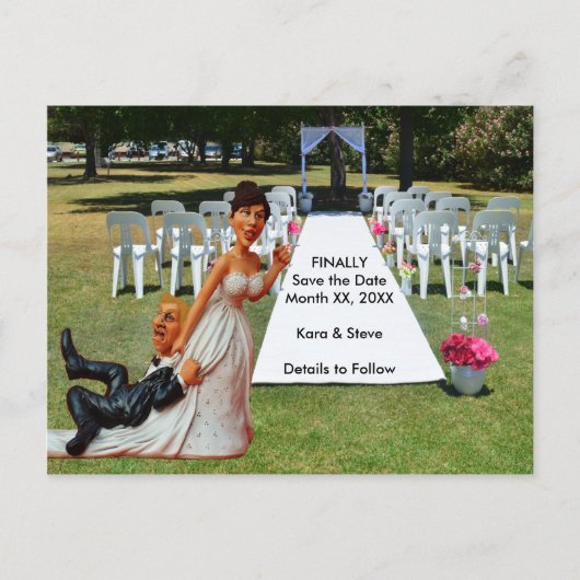 Bruid die Bruidegom Figuurtje Sleept Bruin & Blond Aankondigingskaart (Voorkant)