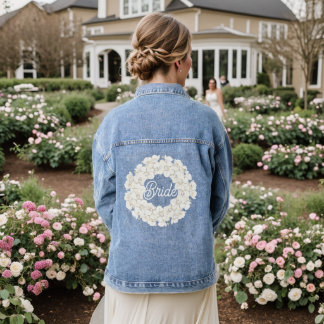 Bruid Elegant Wit Bloem Bruiloft Script Denim Jacket