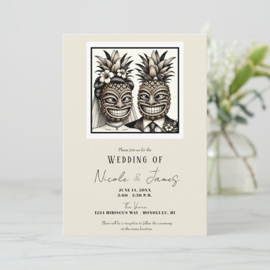 Bruid en bruidegom Aloha Ananas Tiki Hoofd Bruilof Kaart (Staand voorkant)