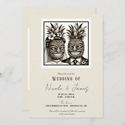 Bruid en bruidegom Aloha Ananas Tiki Hoofd Bruilof Kaart (Voorkant / Achterkant)