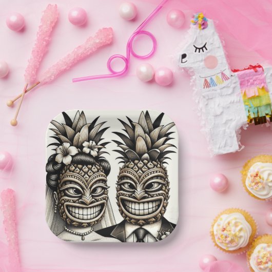 Bruid en bruidegom Aloha Ananas Tiki Hoofd Bruilof Papieren Bordje (Feest)