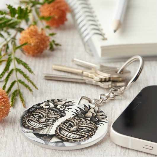 Bruid en bruidegom Aloha Ananas Tiki Hoofd Bruilof Sleutelhanger (Voorkant Rechts)