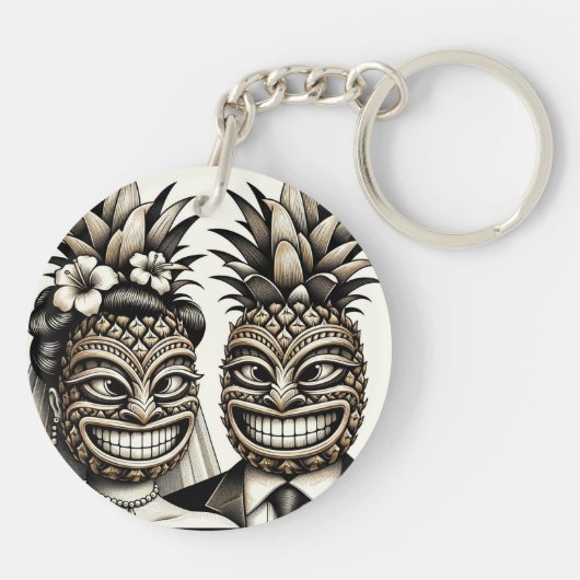 Bruid en bruidegom Aloha Ananas Tiki Hoofd Bruilof Sleutelhanger (Achterkant)