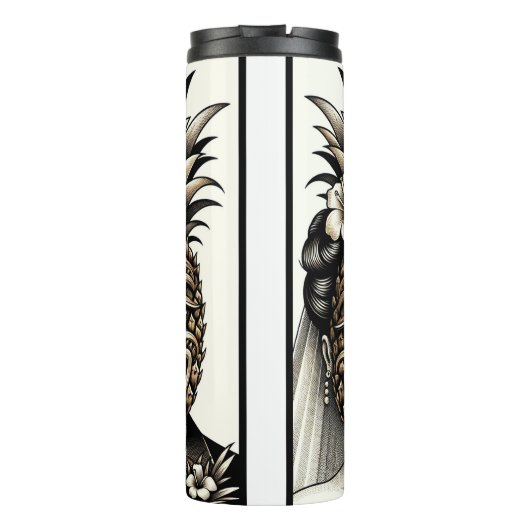 Bruid en bruidegom Aloha Ananas Tiki Hoofd Bruilof Thermosbeker (Achterkant)