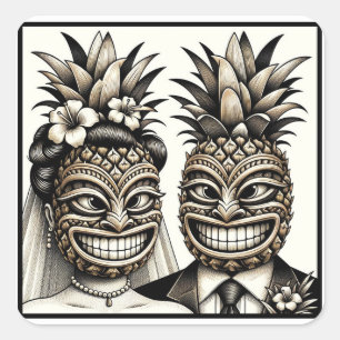 Bruid en bruidegom Aloha Ananas Tiki Hoofd Bruilof Vierkante Sticker