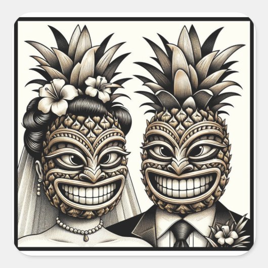 Bruid en bruidegom Aloha Ananas Tiki Hoofd Bruilof Vierkante Sticker (Voorkant)