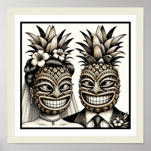 Bruid en Bruidegom Aloha Ananas Tiki Hoofd Trouw Poster