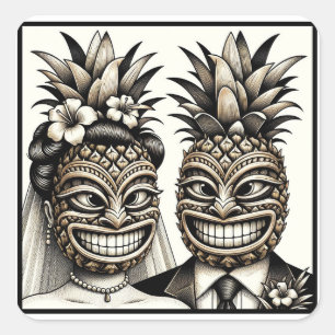 Bruid en Bruidegom Aloha Ananas Tiki Hoofd Trouw  Vierkante Sticker