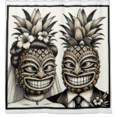 Bruid en Bruidegom Aloha Ananas Tiki Hoofd Trouwen Douchegordijn (Voorkant)