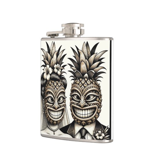 Bruid en Bruidegom Aloha Ananas Tiki Hoofd Trouwen Heupfles (Links)