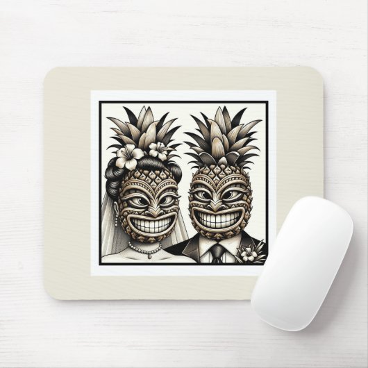 Bruid en Bruidegom Aloha Ananas Tiki Hoofd Trouwen Muismat (Met muis)