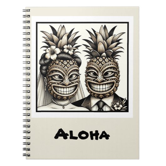 Bruid en Bruidegom Aloha Ananas Tiki Hoofd Trouwen Notitieboek (Voorkant)