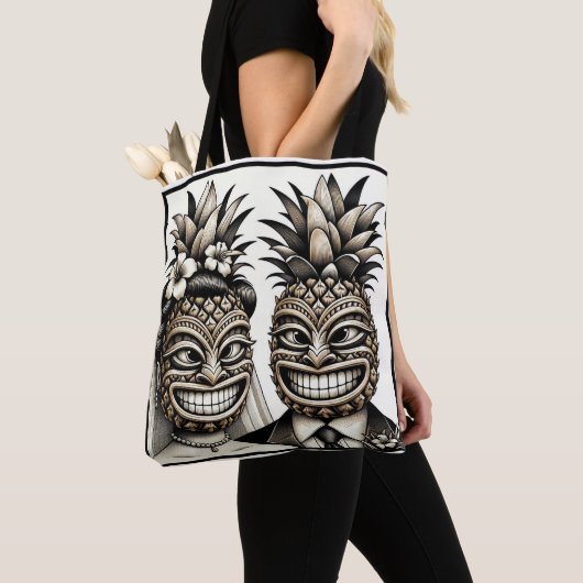 Bruid en Bruidegom Aloha Ananas Tiki Hoofd Trouwen Tote Bag (Dichtbij)