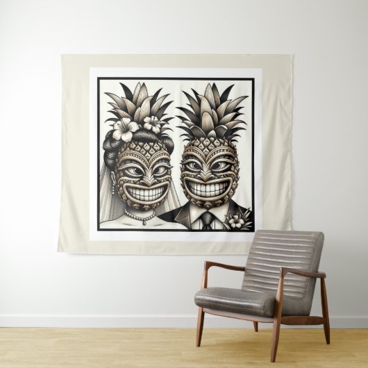 Bruid en Bruidegom Aloha Ananas Tiki Hoofd Trouwen Wandkleed (In Situ (horizontaal))