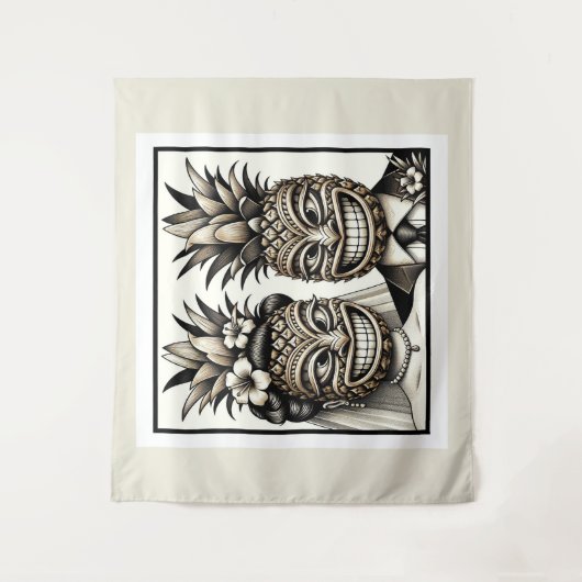 Bruid en Bruidegom Aloha Ananas Tiki Hoofd Trouwen Wandkleed (Voorkant)