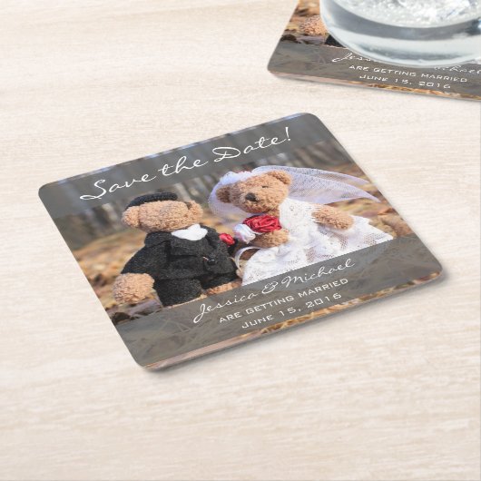 Bruid en bruidegom Beren Save the Date Kartonnen Onderzetters (Schuin)