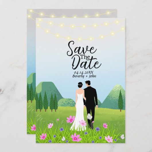 Bruid en bruidegom Bewaar de Datum Bruiloft Uitnod Kaart (Voorkant / Achterkant)