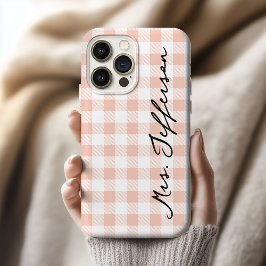 Bruid en Bruidegom Bijpassend Perzik Schotse Ruit  iPhone 15 Pro Case