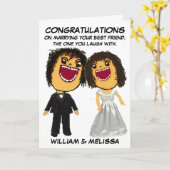 Bruid en bruidegom Cartoon gefeliciteerd Kaart (Gele Bloem)